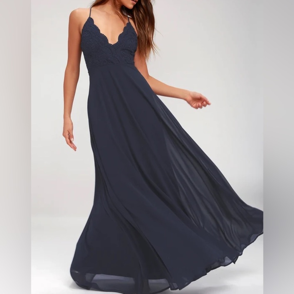 LULU’S Madalyn Navy Blue Lace Maxi Dress